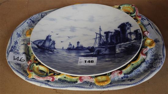 Faience dish, a Davenport blue and white dish and a Delft plate